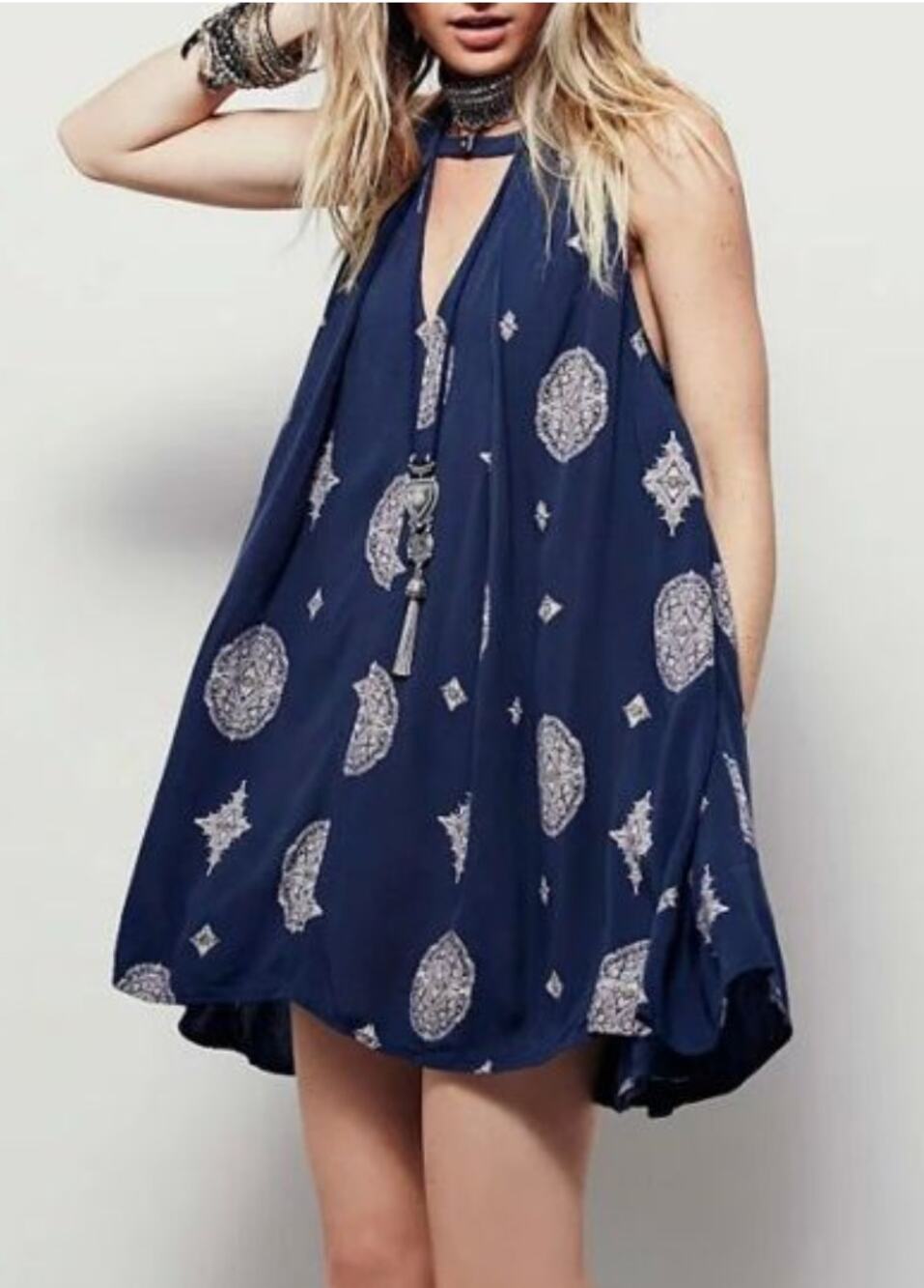 Free People navy blue medallion "Tree Swing" sleeveless tunic dress | Size M
